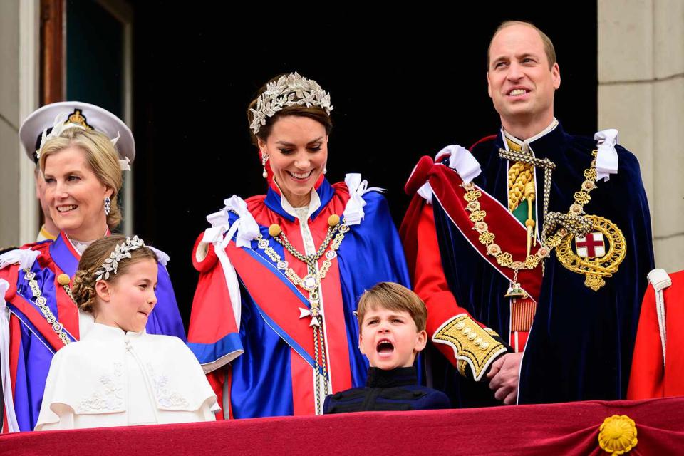 Leon Neal/Getty Sophie, Duchess of Edinburgh, Princess Charlotte, Kate Middleton, Prince Louis and Prince William on the balcony of Buckingham Palace on the May 6, 2023 coronation day.