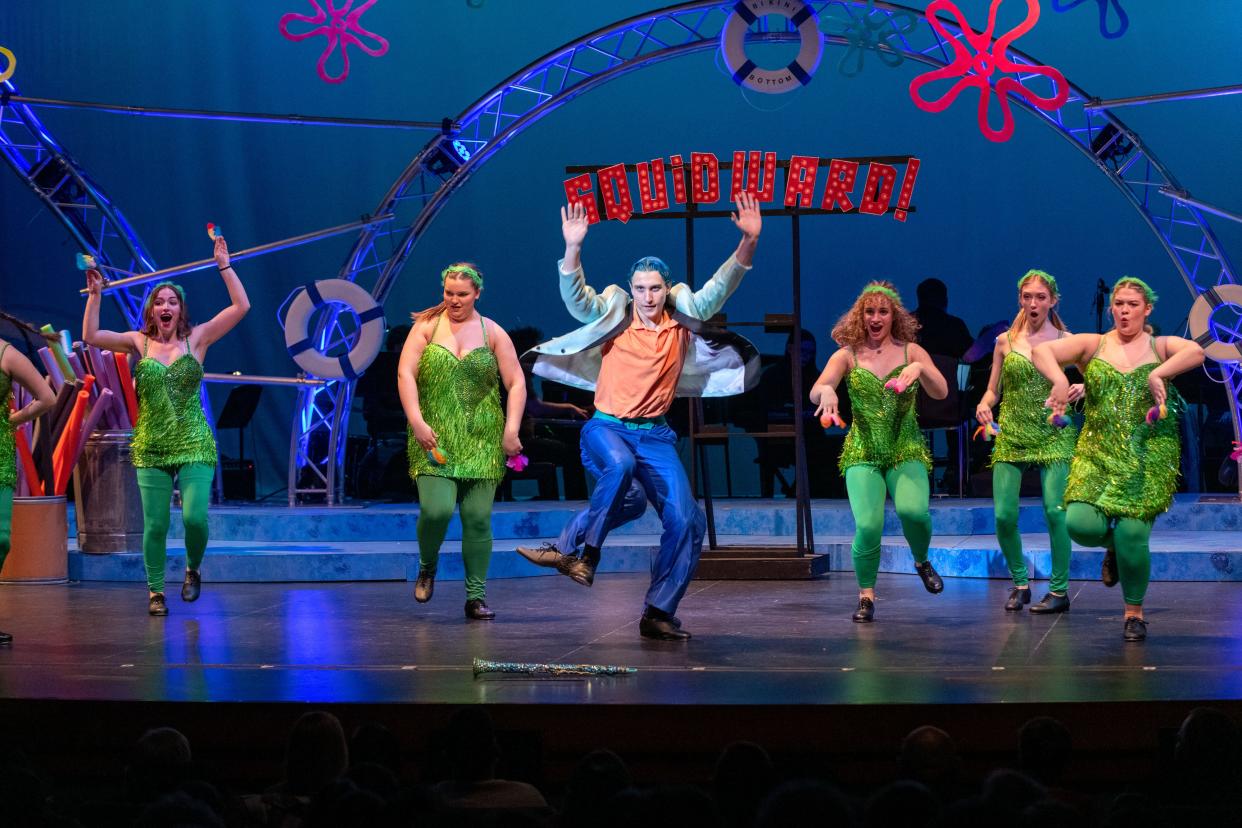 Stanley Niekamp, center, has been nominated for a best actor Dazzle Award for his role as Squidward in Akron School for the Arts' "The Sponge Bob Musical."
