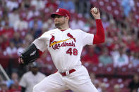 St. Louis Cardinals starting pitcher Jordan Montgomery throws during the first inning of a baseball game against the Colorado Rockies Wednesday, Aug. 17, 2022, in St. Louis. (AP Photo/Jeff Roberson)