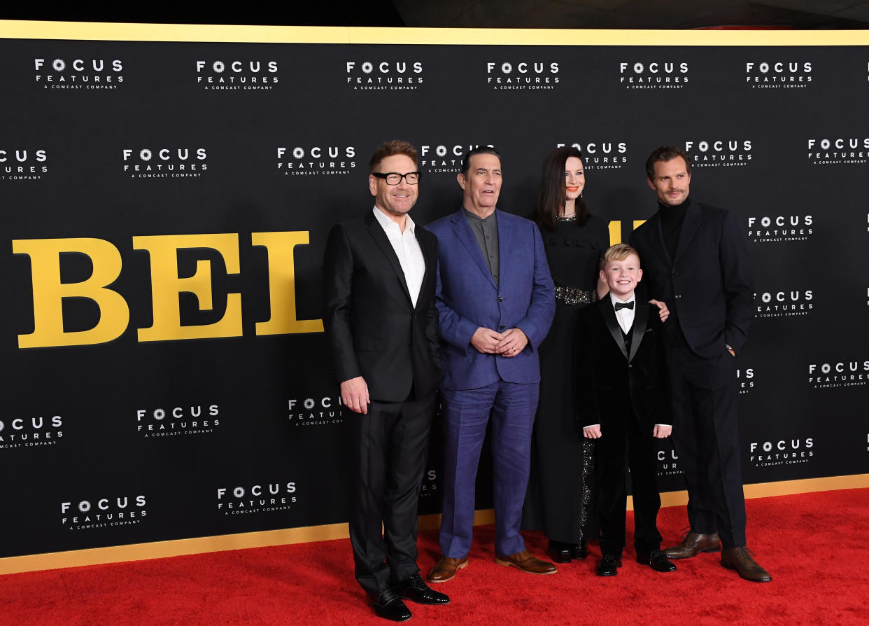 LOS ANGELES, CALIFORNIA - NOVEMBER 08: Kenneth Branagh, Ciarán Hinds, Caitriona Balfe, Jude Hill, Jamie Dornan arrives at the Los Angeles Premiere Of Focus Features' 