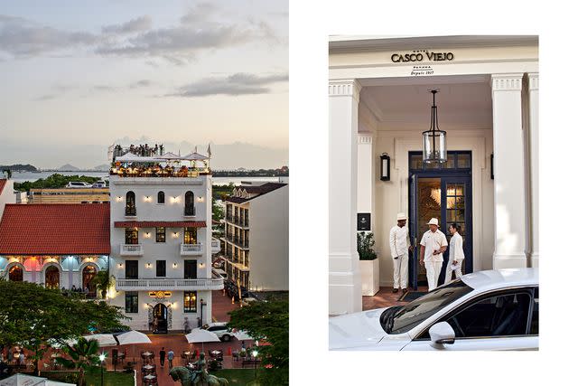 <p>Cristóbal Palma</p> From left: CasaCasco, which houses several restaurants and a popular rooftop bar, in the historic quarter; the Sofitel Legend Casco Viejo's main entrance.