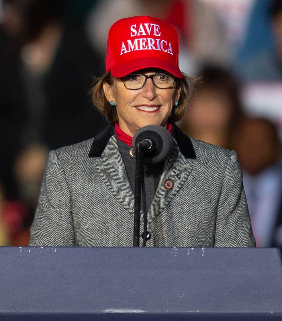 Arizona State Senator Wendy Rogers gives a speech ahead of former President Donald Trump's speech in Florence on Saturday, Jan. 15, 2022.