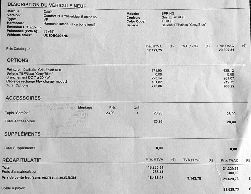 2022 dacia spring invoice