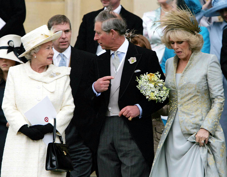 <p>The Queen at the wedding of Prince Charles and Camilla, Duchess of Cornwall, on 9 April 2005 at St George's Chapel in Windsor Castle. (PA)</p> 