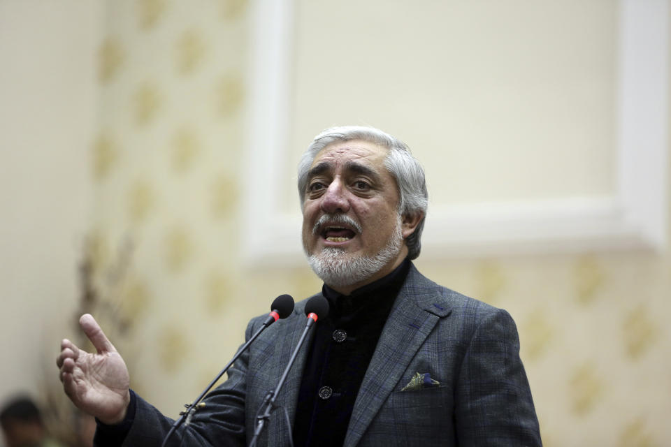 Afghan presidential candidate Abdullah Abdullah, speaks during a press conference in Kabul, Afghanistan, Sunday, Dec. 22, 2019. Afghanistan's election commission said the country's incumbent, President Ashraf Ghani, has won a second term in office, according to a preliminary vote count. But his opponents can still challenge the results that were announced on Sunday. (AP Photo/Rahmat Gul)