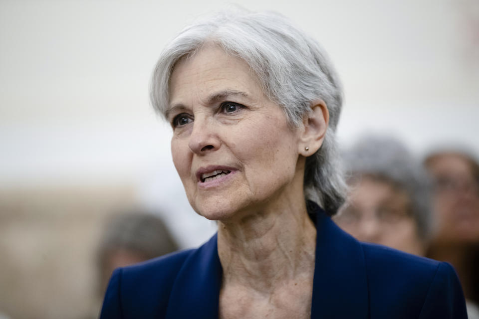 FILE - Former Green Party presidential candidate Jill Stein waits to speak at a board of elections meeting at City Hall, in Philadelphia, Oct. 2, 2019. On Friday, May 3, 2024, The Associated Press reported on stories circulating online incorrectly claiming a clip shows Stein saying that “the Jewish people have a homeland in Poland” during an exchange with a man outside of Columbia University.(AP Photo/Matt Rourke, File)