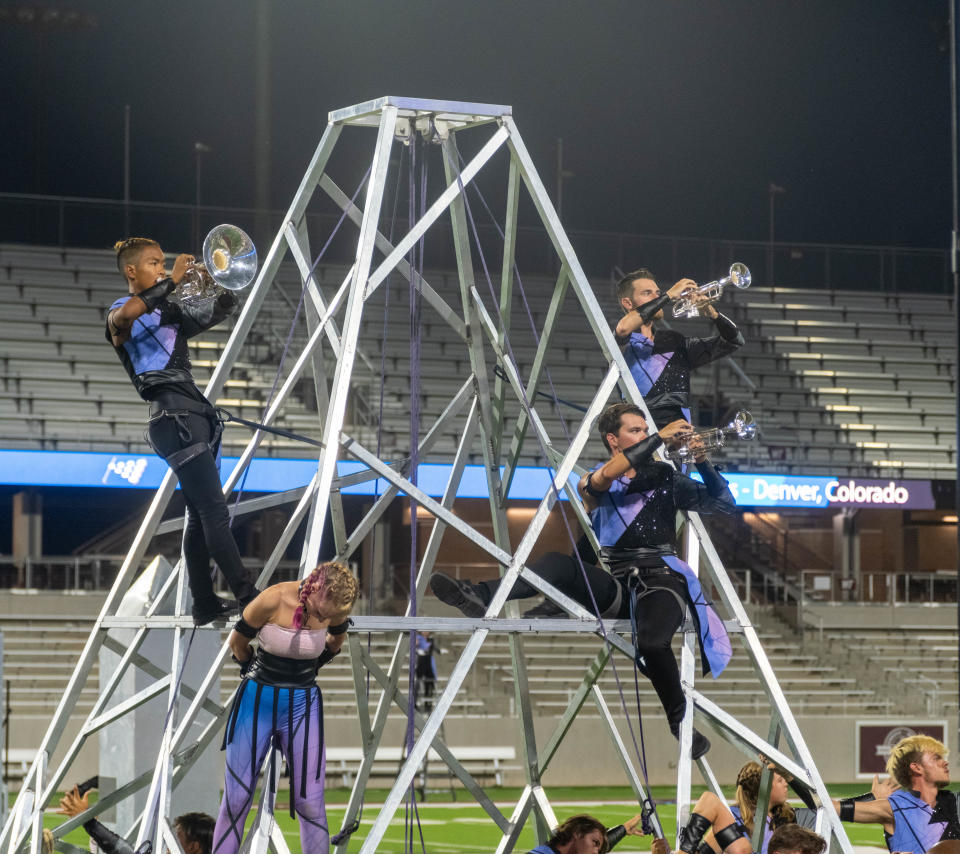 The Blue Knights Drum Corps from Denver performs Monday at West Texas Drums at Bain-Schaeffer Buffalo Stadium in Canyon.