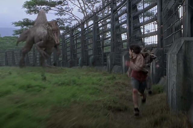 A Spinosaurus chases humans in the  Jurassic Park film series.