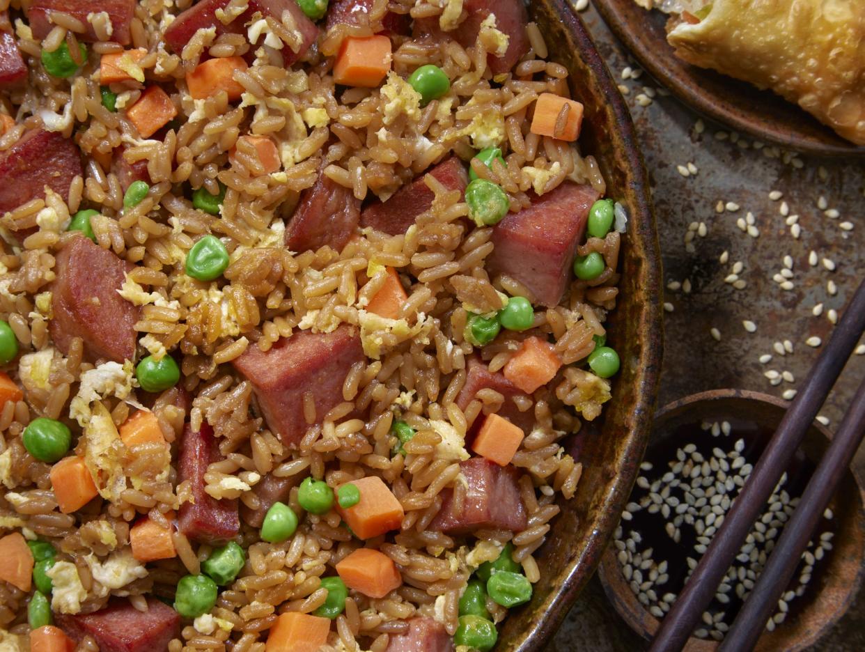 Fried Rice with Fried Canned Spiced Ham, Vegetables and an Eggroll