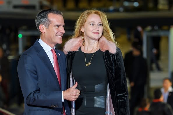 Mayor Eric Garcetti and First Lady Amy Elaine Wakeland arrive at an International Olympic Committee meeting in 2017 in Peru.