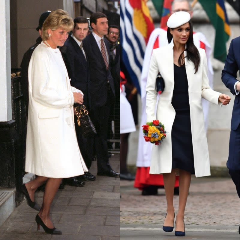 Meghan Markle semble parfois s’inspirer de la princesse Diana, comme ici avec un manteau Amanda Wakeley. [Photo: Getty]