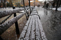 <p>Park benches are covered in icy mixture of snow and rain in Washington Square Park, New York City, on March 7, 2018. (Photo: Gordon Donovan/Yahoo News) </p>