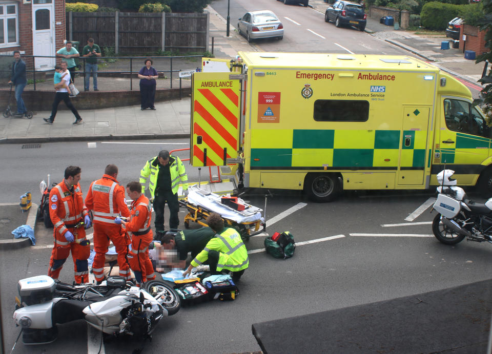 Handout photo dated 17/06/19 of the scene of an accident after a woman was in a collision with a police motorbike escorting the Duke and Duchess of Cambridge. [Photo: PA]