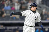 New York Yankees' Alex Verdugo gestures as he runs the bases after hitting a solo home run in the second inning of a baseball game against the Miami Marlins, Tuesday, April 9, 2024, in New York. (AP Photo/Mary Altaffer)