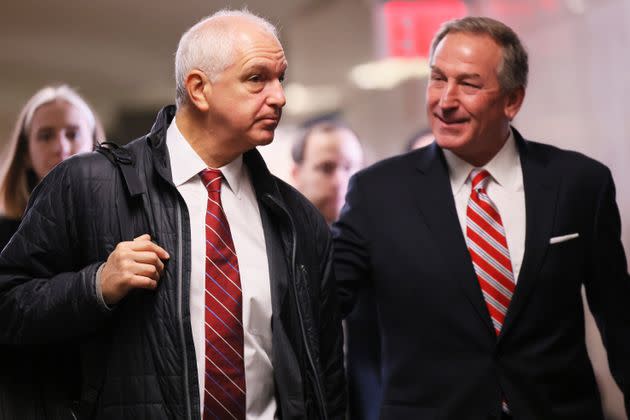 Trump Organization Attorneys Alan Futerfas (left) and Michael van der Veen speak as they arrive for trial at the New York Supreme Court on Monday. (Photo: Michael M. Santiago via Getty Images)