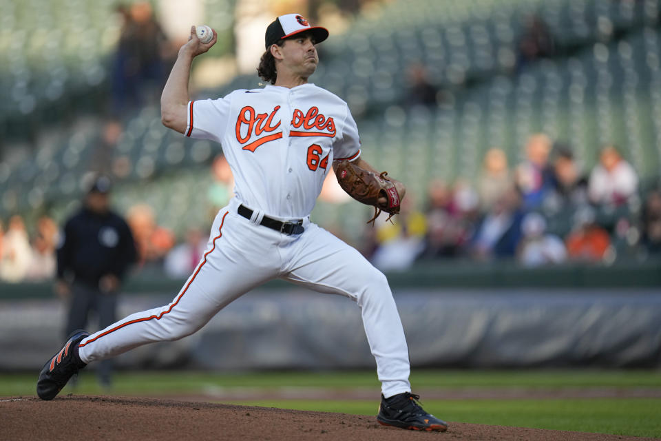 Baltimore Orioles starting pitcher Dean Kremer throws a pitch to the against the Boston Red Sox during the first inning of a baseball game, Monday, April 24, 2023, in Baltimore, Md. (AP Photo/Julio Cortez)