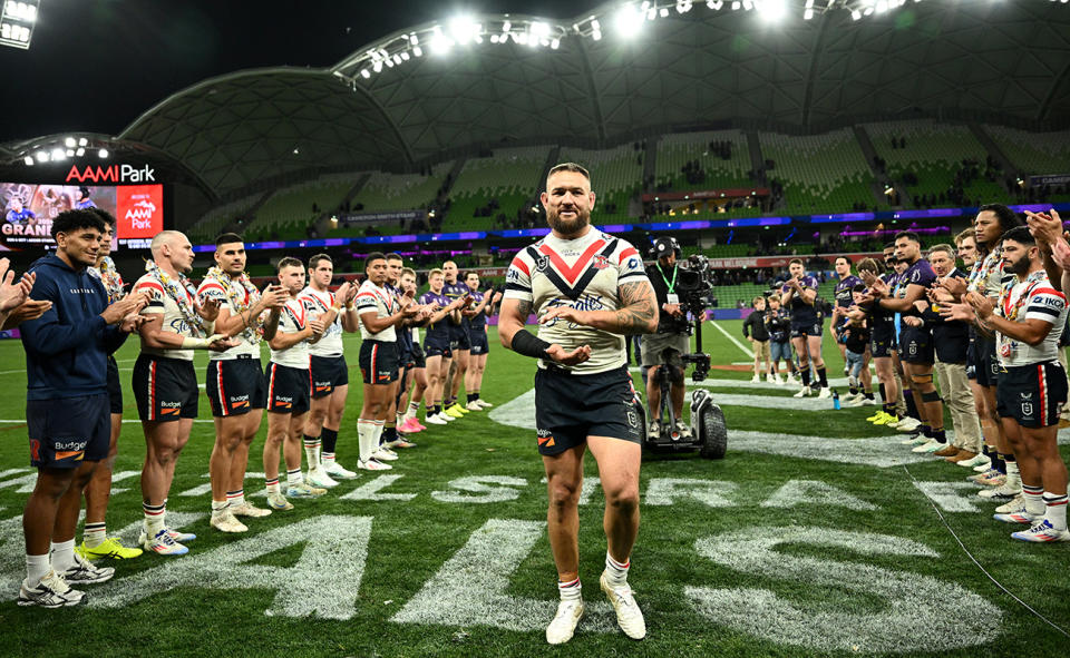 Jared Waerea-Hargreaves, pictured here being honoured by Roosters and Storm players.