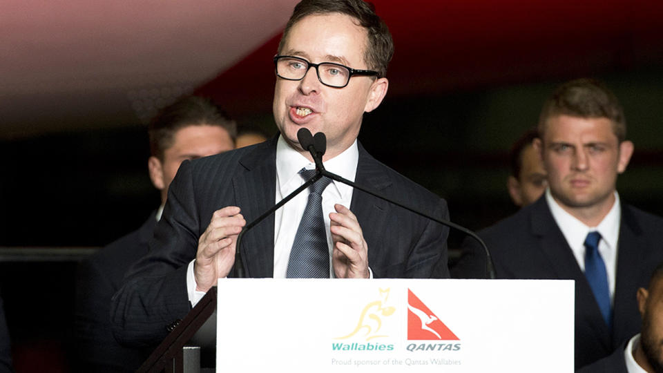 Qantas CEO Alan Joyce, pictured here at the Australian Rugby World Cup squad announcement in 2015.