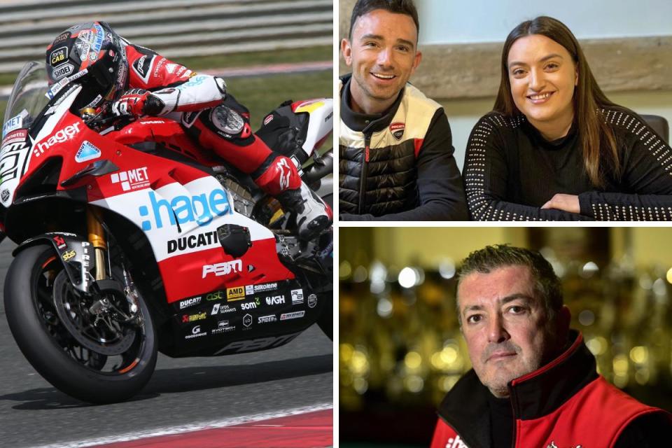 Glenn Irwin, left, testing at Navarra and, top right, with Jordan Bird. Bottom right, the late Paul Bird <i>(Image: Double Red / PBM / News & Star)</i>