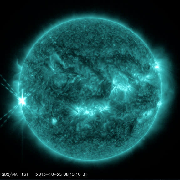 NASA's Solar Dynamics Observatory spacecraft captured this view of an X1.7-class solar flare on Oct. 25, 2013 (left). X-class solar flares are the strongest solar storms the sun experiences.