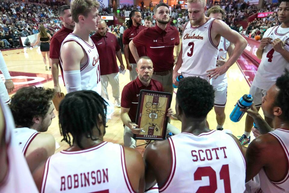 Jan 16, 2023; Charleston, South Carolina, USA; Charleston Cougars head coach Pat Kelsey talks with his team during a time out in the second half against the William & Mary Tribe at TD Arena. Mandatory Credit: David Yeazell-USA TODAY Sports