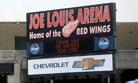 "Thank you Mr Hockey" is seen on a sign at Joe Louis Hockey Arena in memory of late National Hockey League (NHL) player Gordie Howe in Detroit, Michigan, U.S. June 10, 2016. REUTERS/Rebecca Cook