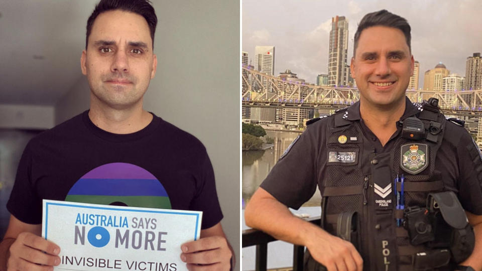 Two photos show Ben Bjarnesen, in one he is pictured holding a sign which says: 'Australia says no more invisible victims' in the other he is standing in front of a city scape.