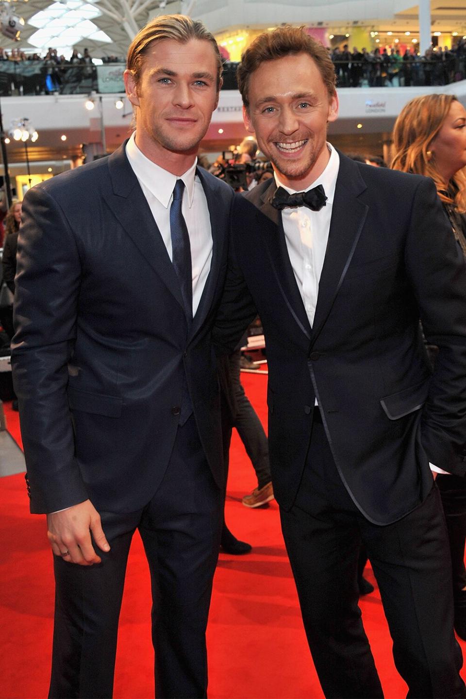 Actors Chris Hemsworth and Tom Hiddleston attend the European Premiere of Marvel Studios' "Marvel's Avengers Assemble" held at the Vue Westfield on April 19, 2012 in London, England.