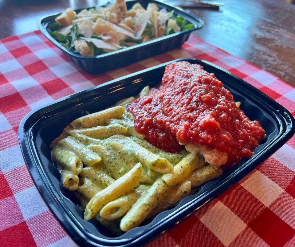 Chicky Parm ($12.95) is one of the entrees that will be served at the new Meridian fast-casual restaurant Tommy’s Italian. It includes pesto linguine, two fried chicken tenders, marinara and parmesan. Grant Rosendahl/Tommy's Italian