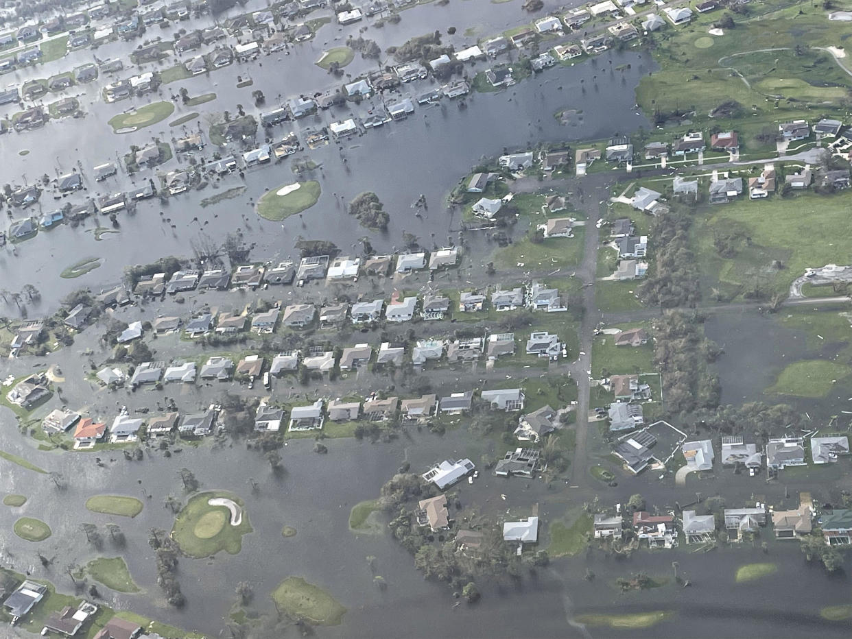 An aerial view of a flooded neighborhood in Fort Myers, Fla., damaged by Hurricane Ian.