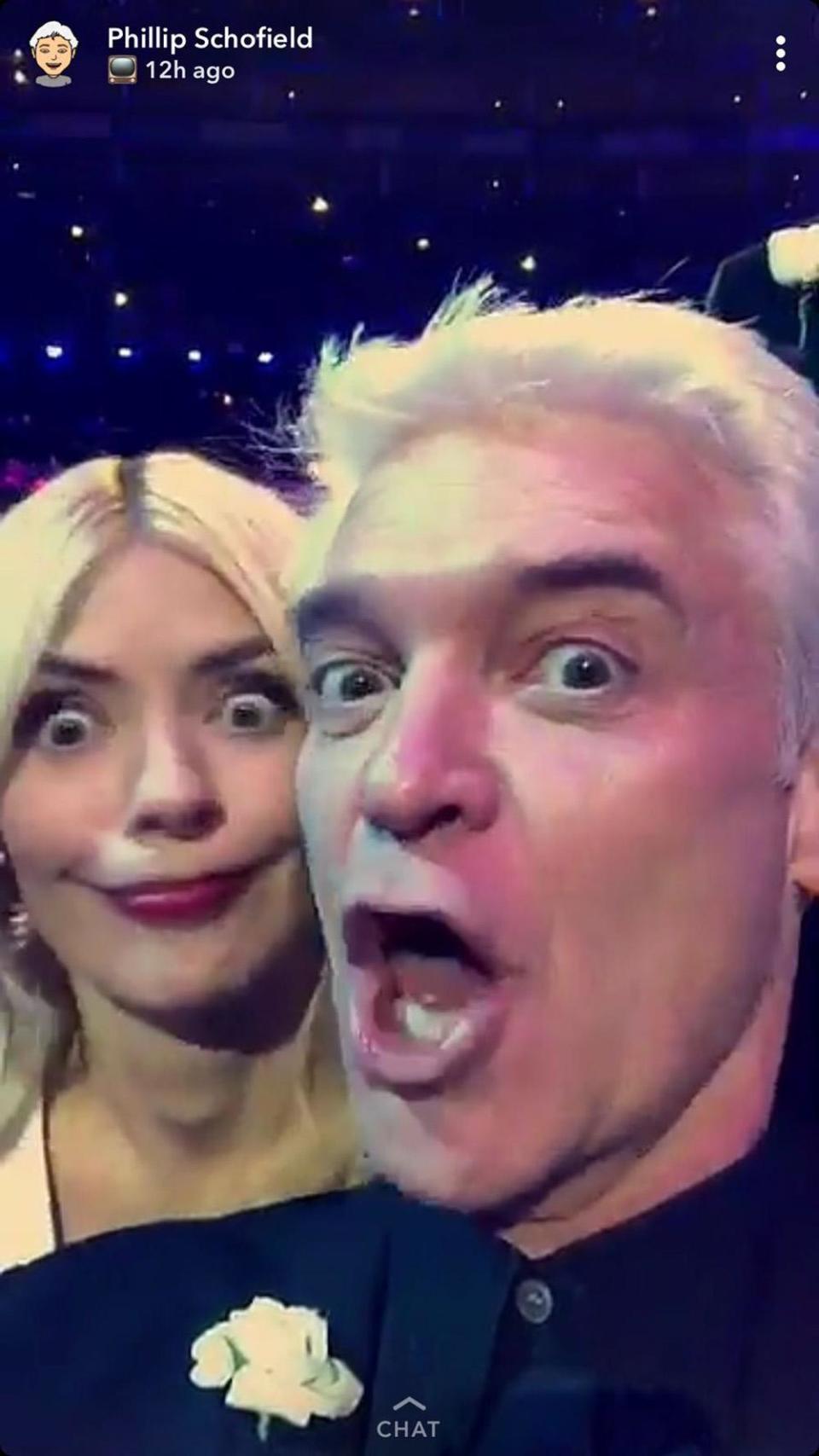 Say cheese: Holly Willoughby and Phillip Schofield pull faces (Snapchat/ Phillip Schofield)