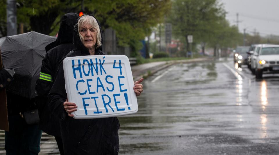 A woman was among about thirty pro-Palestinian protesters who stood at the intersection of route 59 and Middletown Rd. In Nanuet May 5, 2024 to protest Israel’s was against Hamas in Gaza. The group, Rockland for Ceasefire, has protested at the intersection every Sunday since the war in Gaza started in October.