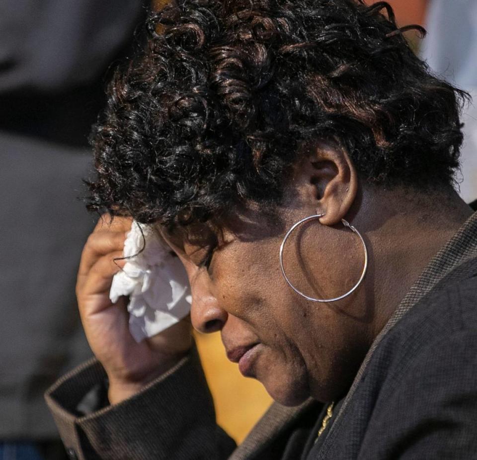 Sonya Williams, the mother of Darryl Williams, weeps while civil rights attorney Ben Crump speaks during a press briefing on Thursday, February 16. 2023 at Mount Peace Baptist Church in Raleigh, N.C. Williams was tased by Raleigh police in January. Crump has been retained by the Williams family, calling for the officers involved to be charged with manslaughter.