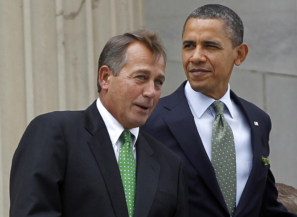 President Barack Obama talks with House Speaker John Boehner of Ohio, on Capitol Hill in Washington, Tuesday, March 20, 2012, after attending a St. Patrick's day luncheon with Irish Prime Minister Enda Kenny. (AP Photo/Pablo Martinez Monsivais)