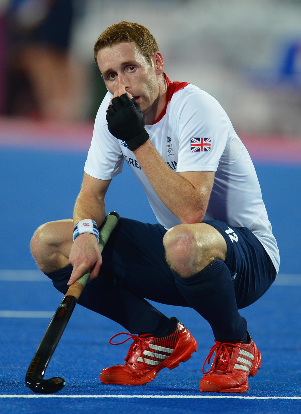 LONDON, ENGLAND - AUGUST 09: Jonathan Clarke of Great Britain looks dejected at the end of the Men's Hockey Semi Final match between Netherlands and Great Britain on Day 13 of the London 2012 Olympic Games at Riverbank Arena Hockey Centre on August 9, 2012 in London, England. (Photo by Lars Baron/Getty Images)