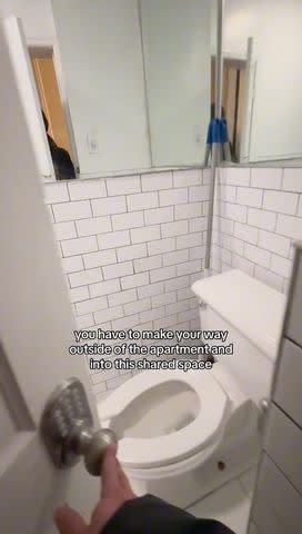<p>Omer Labock/ Instagram</p> The communal bathroom.