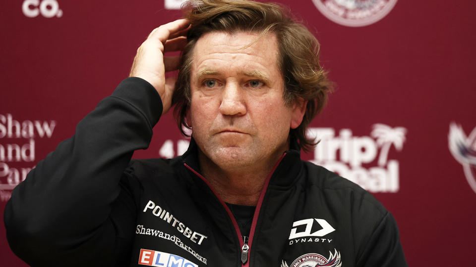 Seen here, Manly coach Des Hasler looks on during an NRL media conference.