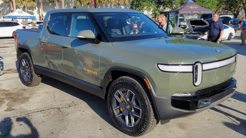 A Rivian R1T at the Caffeine and Octane cruise-in.