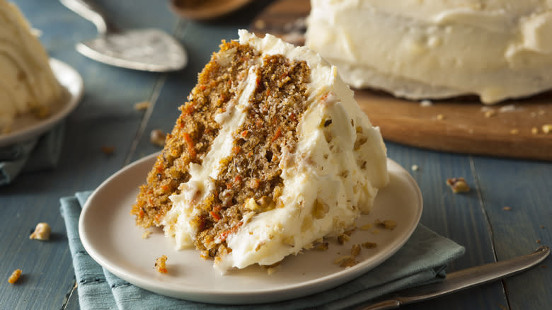 Carrot cake covered in cream cheese frosting
