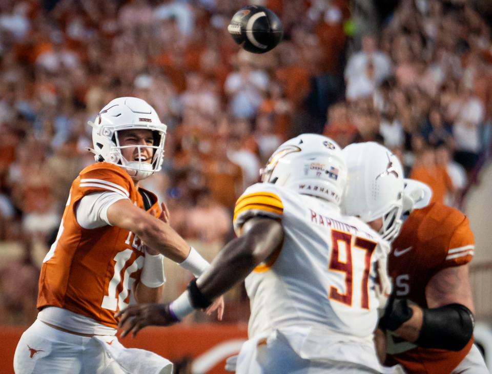 Texas quarterback Arch Manning throws a pass in the first half of the Longhorns' ??-?? win over ULM Saturday at Royal-Memorial Stadium in Austin.