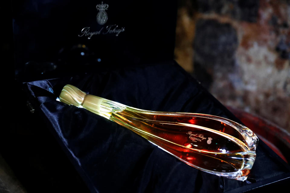 A bottle of Royal Tokaji Essencia is seen in the cellar of Royal Tokaji in Mad, Hungary, April 12, 2019. Picture taken April 12, 2019. REUTERS/Bernadett Szabo