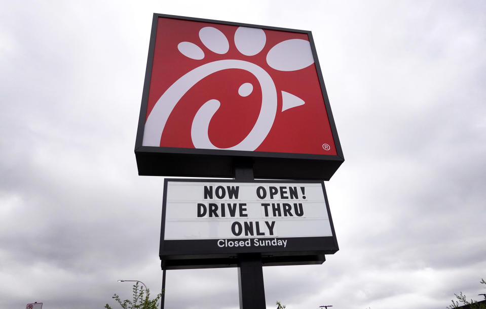 A sign hangs outside of a Chick-fil-A restaurant on May 06, 2021 in Chicago, Illinois. (Scott Olson / Getty Images)