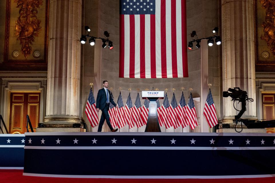 Eric Trump, the son of President Donald Trump, arrives to tape his speech for the second day of the Republican National Convention from the Andrew W. Mellon Auditorium in Washington, Tuesday, Aug. 25, 2020. (AP Photo/Andrew Harnik)