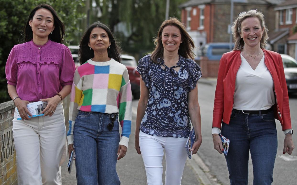 (left to right) Lucia Hunt with Akshata Murty, Culture Secretary Lucy Frazer and Susie Cleverly in Fordham, Suffolk