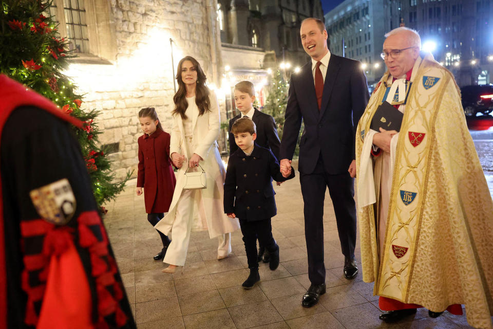 Princess Charlotte of Wales, Catherine, Princess of Wales, Prince Louis of Wales, Prince George of Wales, Prince William, Prince of Wales and The Dean of Westminster Abbey, The Very Reverend Dr David Hoyle attend The 