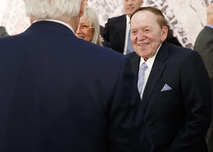Sheldon Adelson chats before a speech by President Donald Trump at the Israel Museum on May 23, 2017, in Jerusalem.