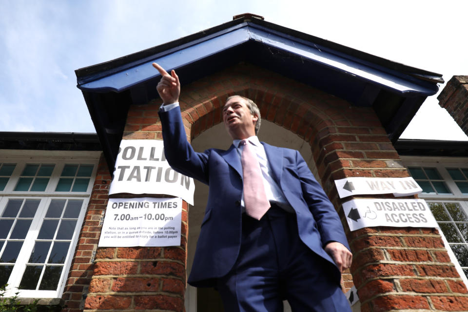 BIGGIN HILL, UNITED KINGDOM - MAY 23: Brexit Party leader Nigel Farage poses for photographers as he arrives to vote in the European Elections, at a polling station on May 23, 2019 in Biggin Hill, United Kingdom. Polls are open for the European Parliament elections. Voters will choose 73 MEPs in 12 multi-member regional constituencies in the UK with results announced once all EU nations have voted. (Photo by Dan Kitwood/Getty Images)