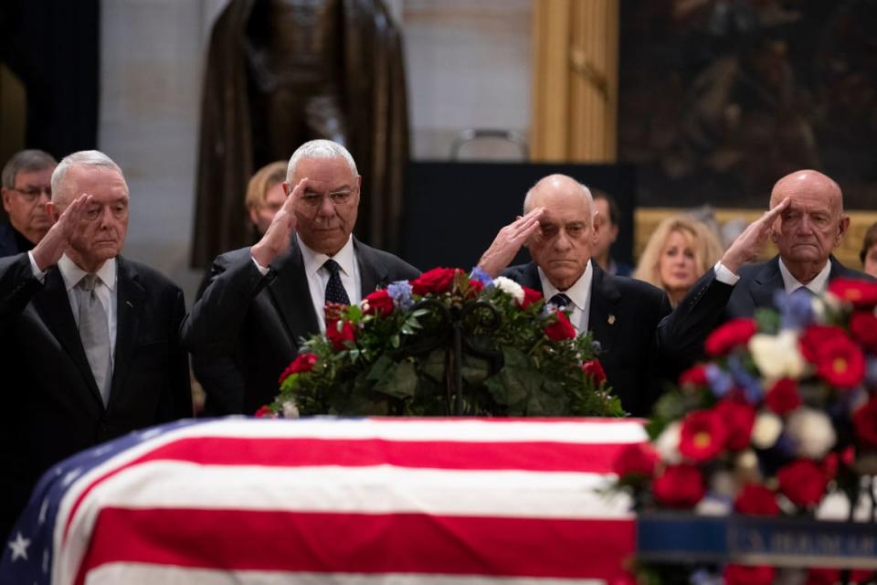 <div class="inline-image__caption"><p>Colin Powell leads former Operation Desert Storm commanders as they pay their last respects as the remains of former US President George H.W. Bush lie in state at the US Capitol rotunda December 4, 2018 in Washington, D.C. </p></div> <div class="inline-image__credit">ALEX EDELMAN/AFP via Getty</div>