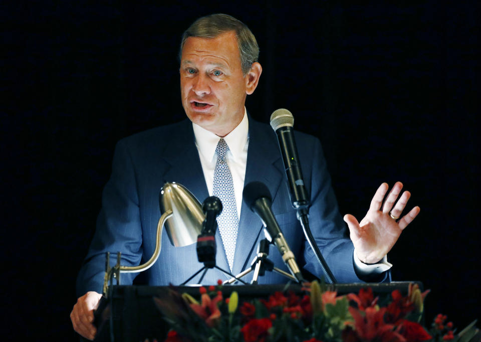 FILE - In this Sept. 27, 2017 file photo, Chief Justice John Roberts speaks during the Bicentennial of Mississippi's Judiciary and Legal Profession Banquet in Jackson, Miss. Roberts is pushing back against President Donald Trump’s description of a judge who ruled against the administration’s new asylum policy as an “Obama judge.” It’s the first time that the leader of the federal judiciary has offered even a hint of criticism of Trump, who has previously blasted federal judges who ruled against him. Roberts says Wednesday that the U.S. doesn’t have ”Obama judges or Trump judges, Bush judges or Clinton judges.” He is commenting in a statement released by the Supreme Court after a query by The Associated Press. (AP Photo/Rogelio V. Solis)