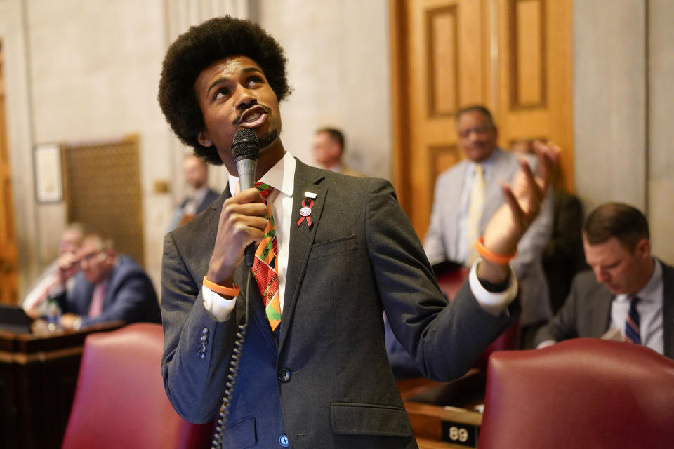 Rep. Justin J. Pearson, D-Memphis, speaks from the House floor during a special session of the state legislature on public safety, Monday, Aug. 28, 2023, in Nashville, Tenn. (AP Photo/George Walker IV)